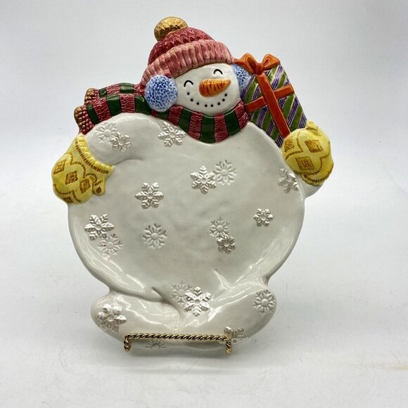 Vintage Christmas Fitz and Floyd Plate  Frosty Snowman Ceramic 90s Canape 11.5"‎ - Picture 1 of 11